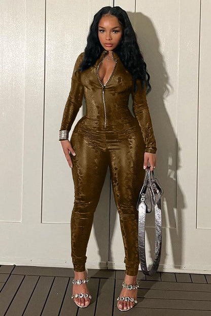 Snake Pattern Long Sleeve Zipper Slim Fit Jumpsuit-Black