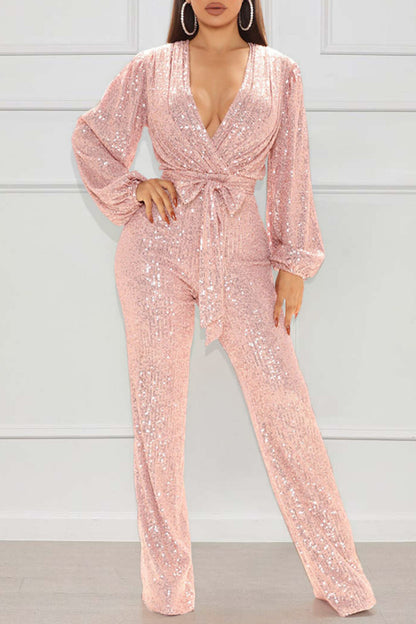 Deep V Neck Lantern Sleeve Sequin Tie Up Party Jumpsuit-Black