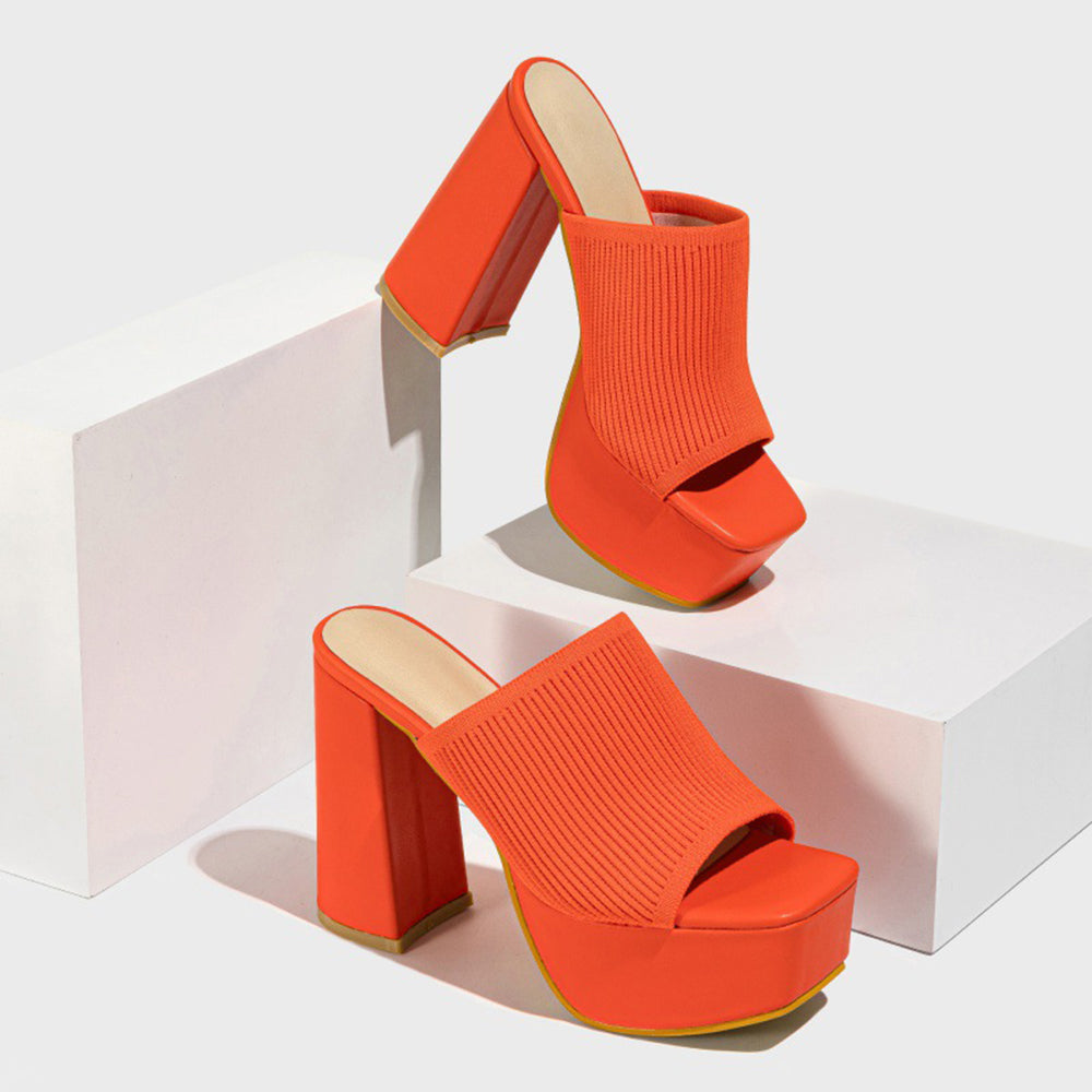Knitted Solid Color Open Toe Slip On Platform Chunky Heels-Green