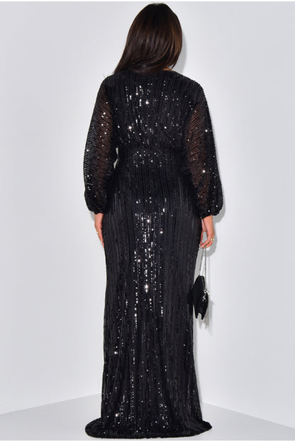 Sequin V Neck Long Bell Sleeve Slim-Fit Party Maxi Dresses-Beige [Pre Order]
