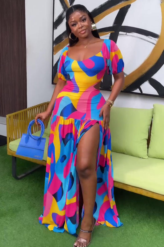 Geometric Print Puff Sleeve Slit Hem Maxi Dresses-Multicolor [Pre Order]
