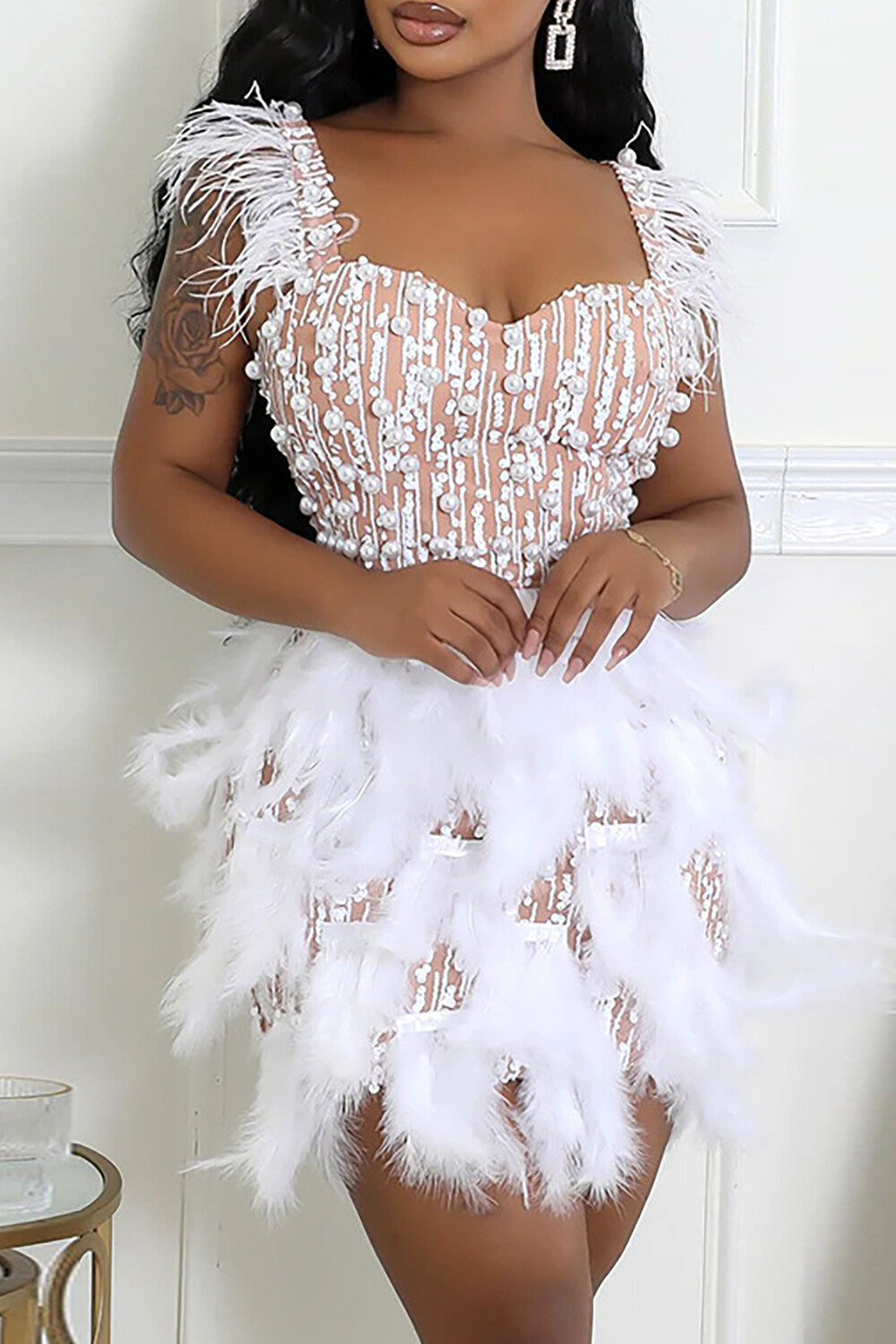 Feather Patchwork Bodycon Sequin Slip Mini Dresses-Beige