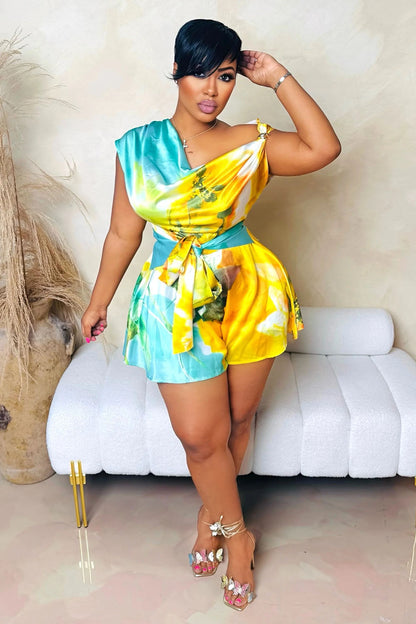 Asymmetric Cowl Neck Abstract Print Vacation Romper Playsuit-Red [In Stock]