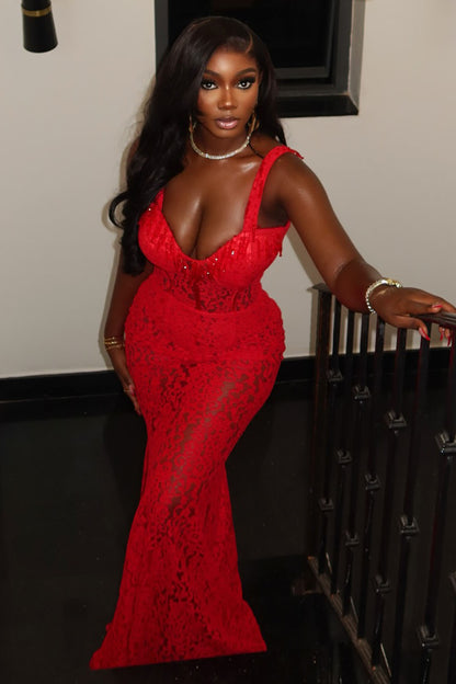 Lace See-Through Floor Length Party Maxi Fishtail Dresses-Red [Pre Order]