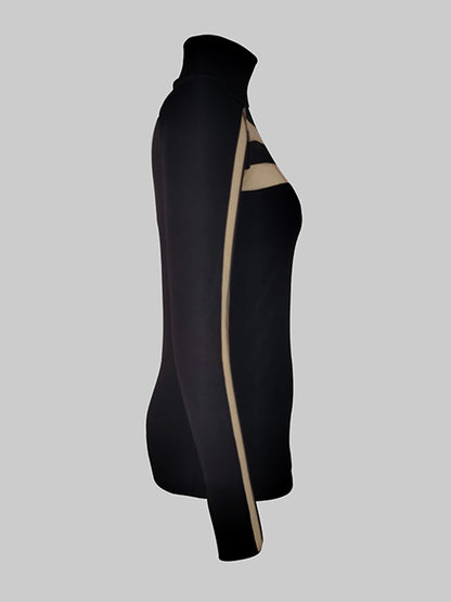 Long Sleeves Skinny Mesh Solid Color Split-Joint High Neck T-Shirts Tops