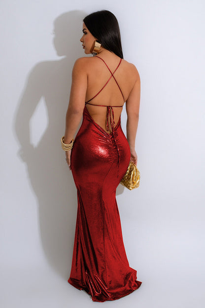 Deep V Neck Metallic Finish Fishtail Hem Backless Party Slip Maxi Dresses-Gold