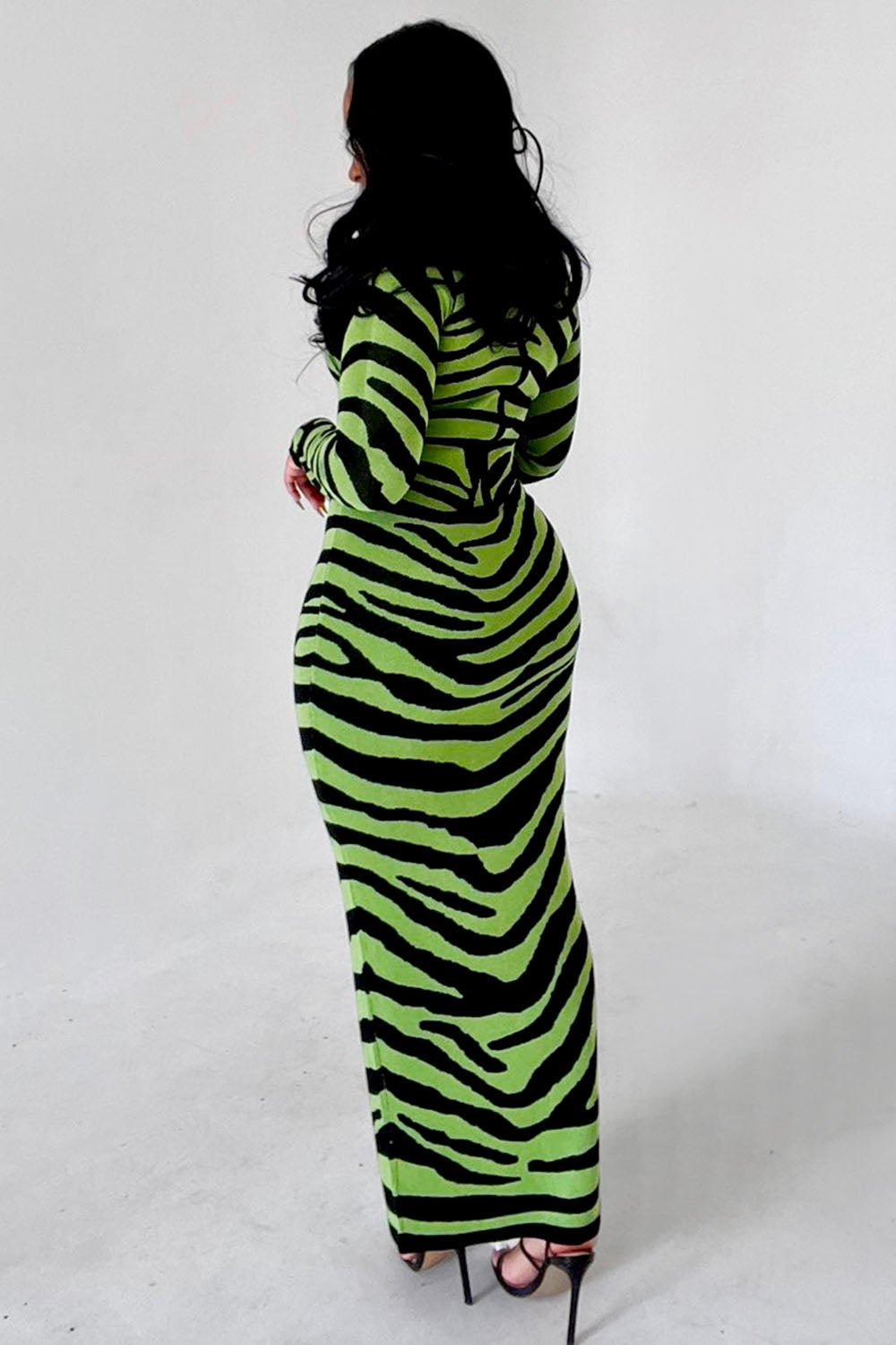 Zebra Knit Long Sleeve Slim-Fit Maxi Sweater Dresses-White [Pre Order]