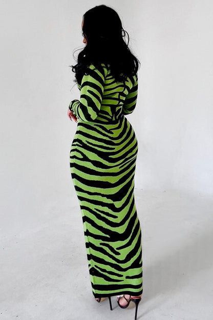 Zebra Knit Long Sleeve Slim-Fit Maxi Sweater Dresses-White [Pre Order]
