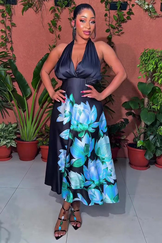 Deep V Halter Neck Lotus Floral Print Party Maxi Dresses-Black [Pre Order]