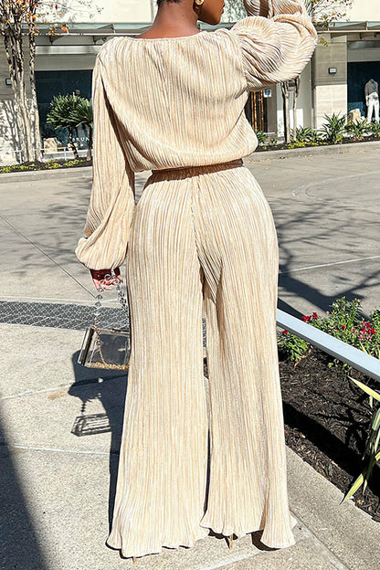 Pleated Solid Color Lantern Sleeve Top Wide Leg Pants Matching Set-Beige