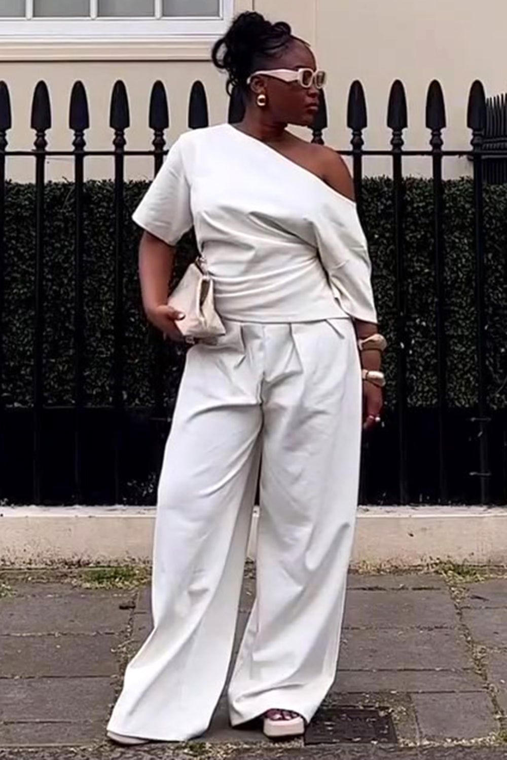 One Shoulder Boat Neck Top Wide Leg Pants Daily 2pcs Set-White [Pre Order]