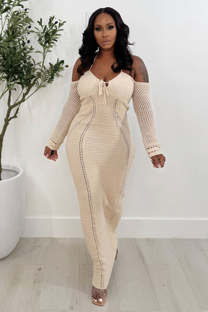Halter Long Sleeve Hollow Out Knit Vacation Maxi Dresses-Beige [Pre Order]