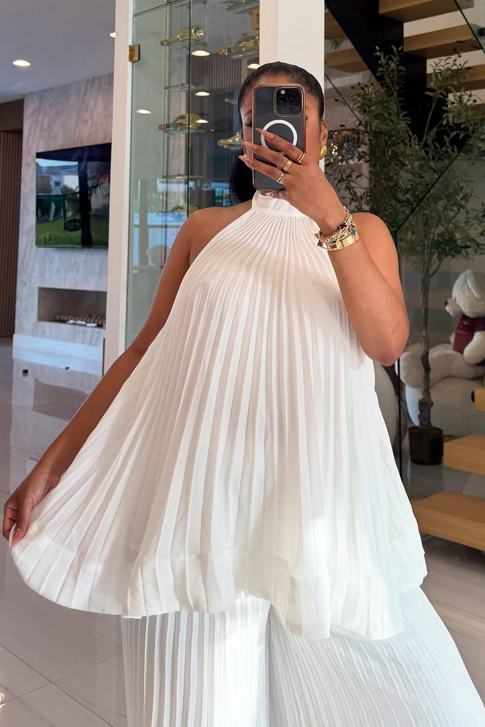 Pleated Halter Backless Top Ruffle Wide Leg Pants 2pcs Set-White [Pre Order]