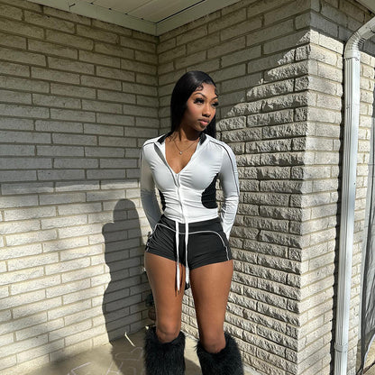 Stand-up Collar Slim Fit Workout Clothes Slim Top Sports Coat Shorts Two-Piece Set