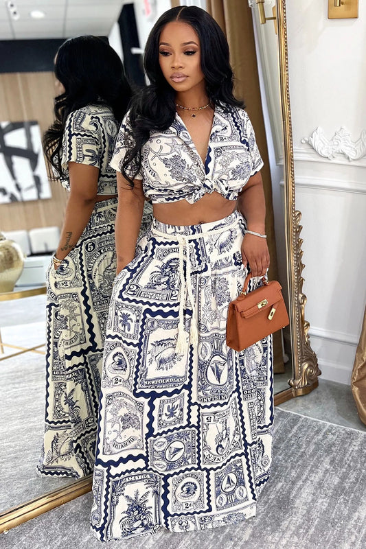 Stamp Print Knotted Blouse Maxi Skirt Vacation 2pcs Set-Beige [Pre Order]