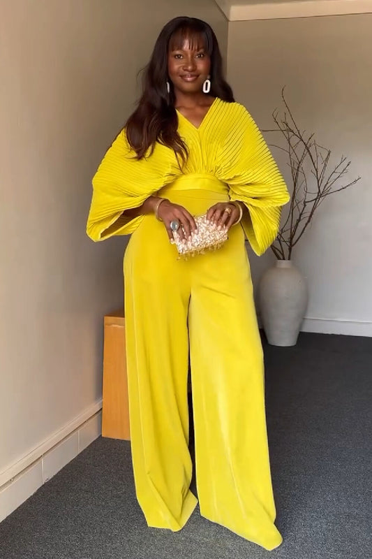 V Neck Pleated Batwing Sleeve Top High Waist Wide Leg Pants 2pcs Set-Yellow