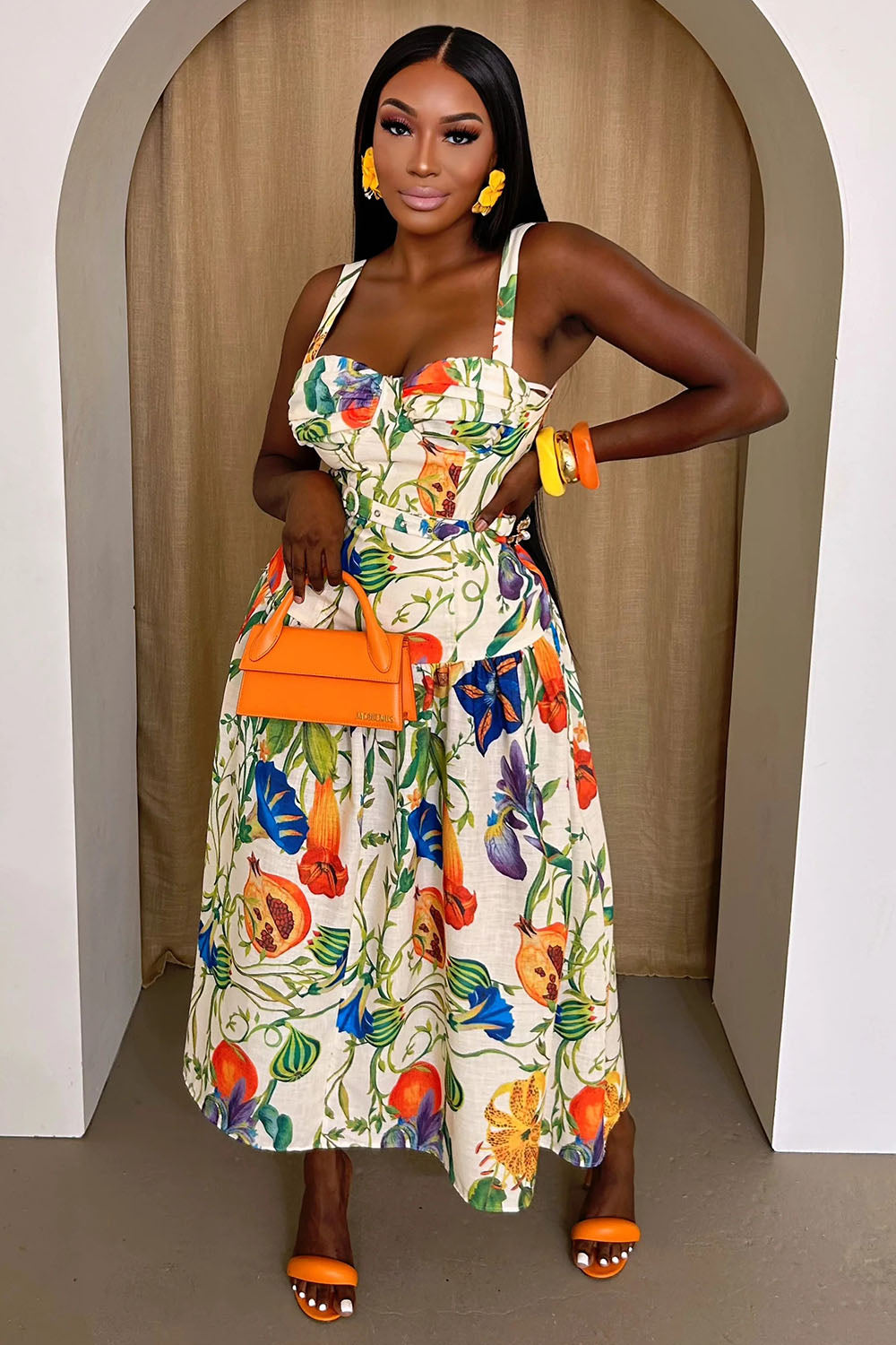 Floral Fruit Print Straps Cinched Vacation Maxi Dresses-Beige [Pre Order]
