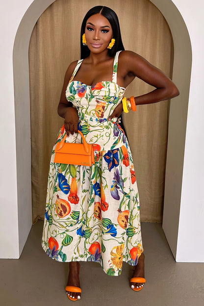 Floral Fruit Print Straps Cinched Vacation Maxi Dresses-Beige [Pre Order]