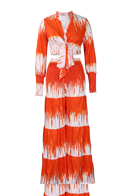 Tie Dye Print Long Sleeve Tie Up Blouse Wide Leg Pants 2pcs Set-Fuchsia