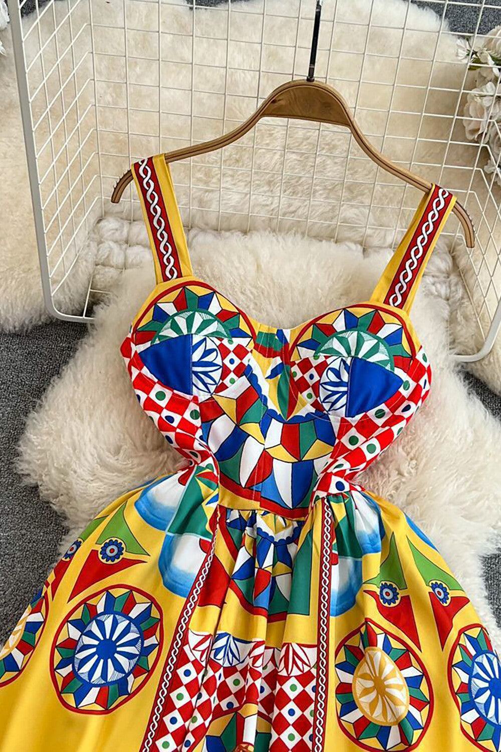 Geometric Print Sweetheart Neckline A-Line Vacation Slip Maxi Dresses-Yellow