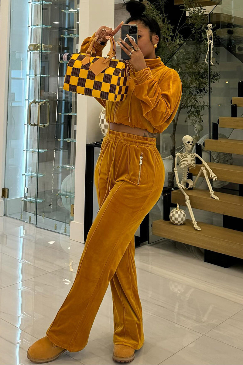 Zipper Jacket Drawstring Quilted Pants Velvet 2pcs Set-Yellow