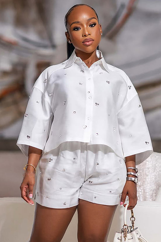 Rhinestone Decor Turndown Collar Crop Blouse Shorts 2pcs Set-White