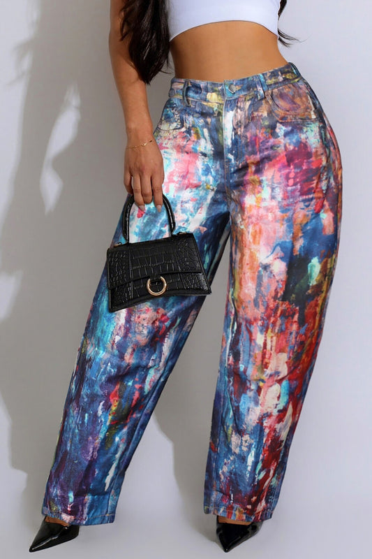 Ink-Splashed Denim Print Wide Leg Casual Pants-Blue