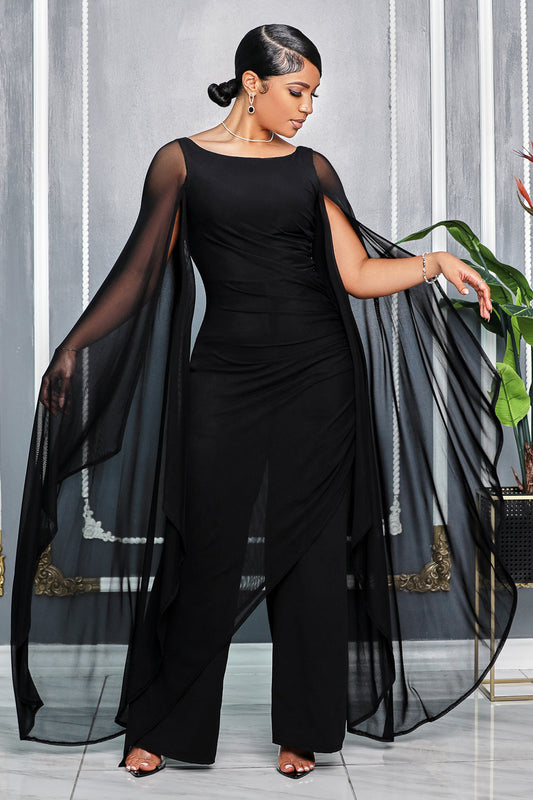 Boat Neck Mesh Slit Sleeve Asymmetric Layer Party Jumpsuit-Black [Pre Order]