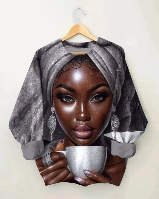 Women's Fashion Calm Art Black Woman Print Long-sleeved Sweatshirt
