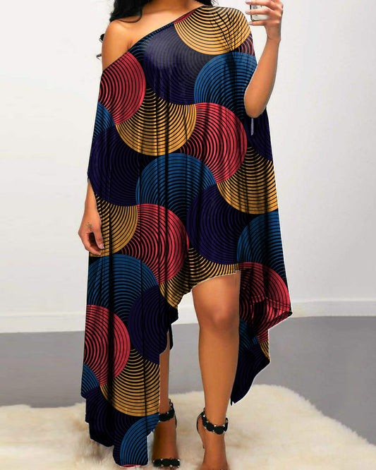 Black Color Geometric Print Irregular Dress
