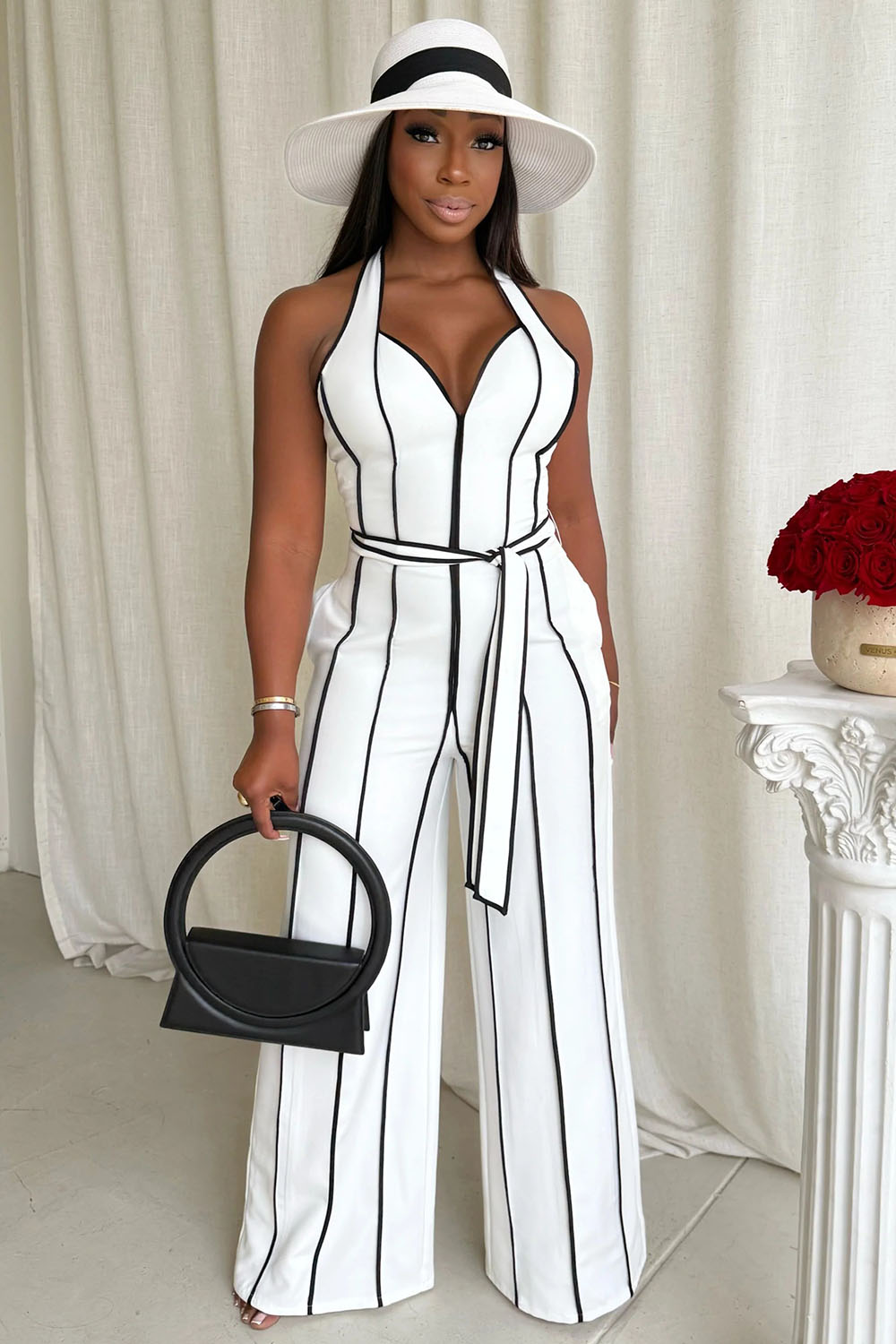 Colorblock Trim Halter Cinched Vacation Wide Leg Jumpsuit-White [Pre Order]