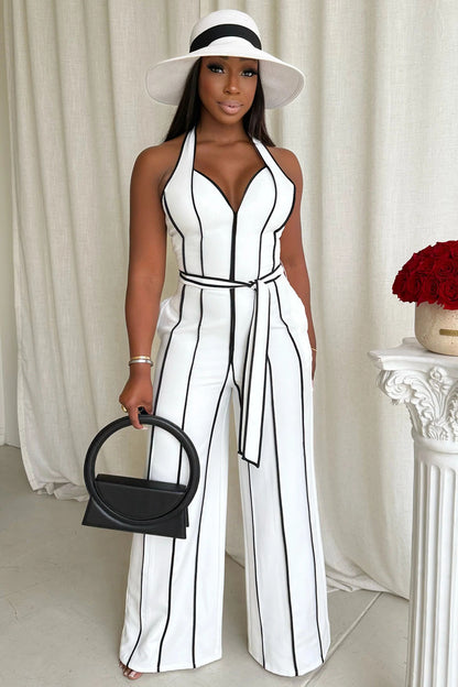 Colorblock Trim Halter Cinched Vacation Wide Leg Jumpsuit-White [Pre Order]
