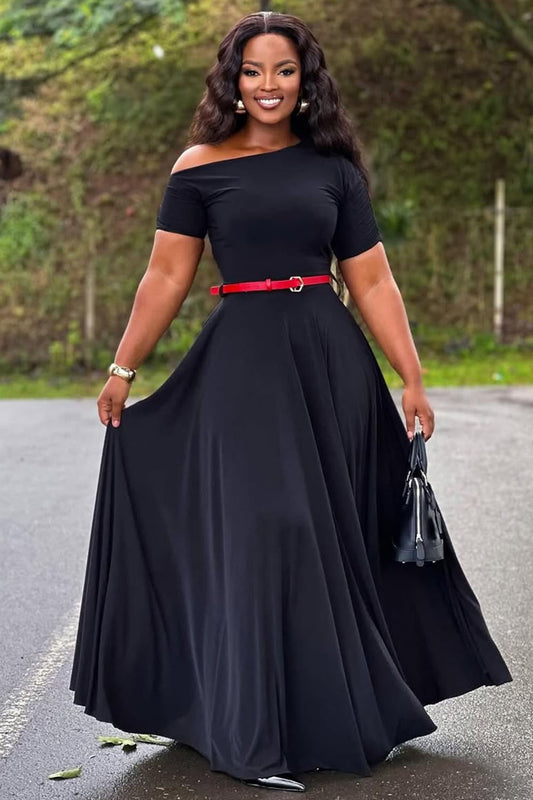 Boat Neck Short Sleeve Solid Flowy Daily Maxi Dresses-Black [Pre Order]