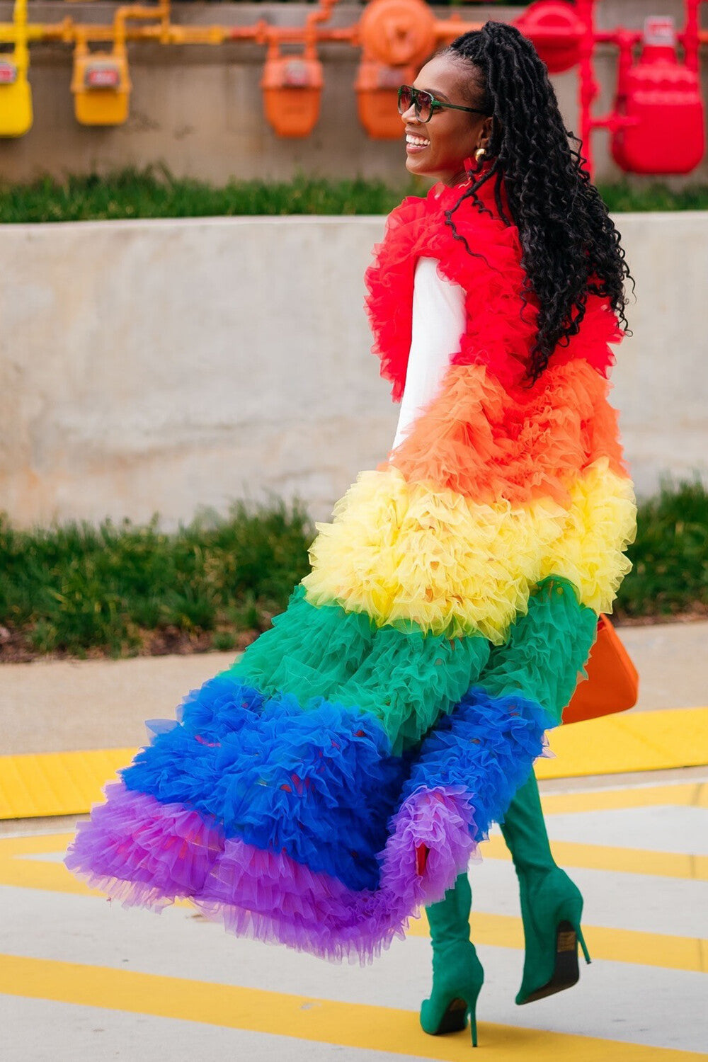 Rainbow-Colored Tulle Tiered Ruffled Sleeveless Long Vest Coat-Red [Pre Order]