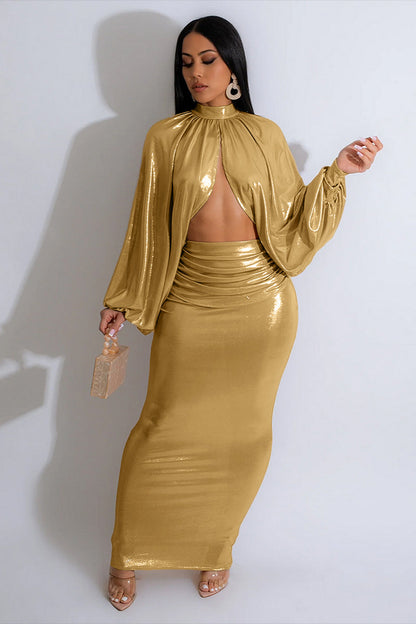 High Neck Long Lantern Sleeve Irregular Hem Top Ruched Maxi Skirt Bronzing Party Matching Set