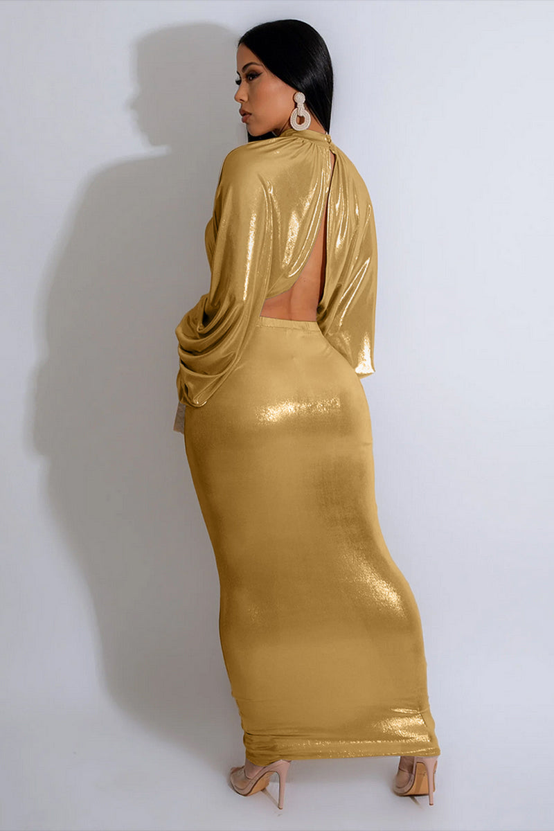 High Neck Long Lantern Sleeve Irregular Hem Top Ruched Maxi Skirt Bronzing Party Matching Set