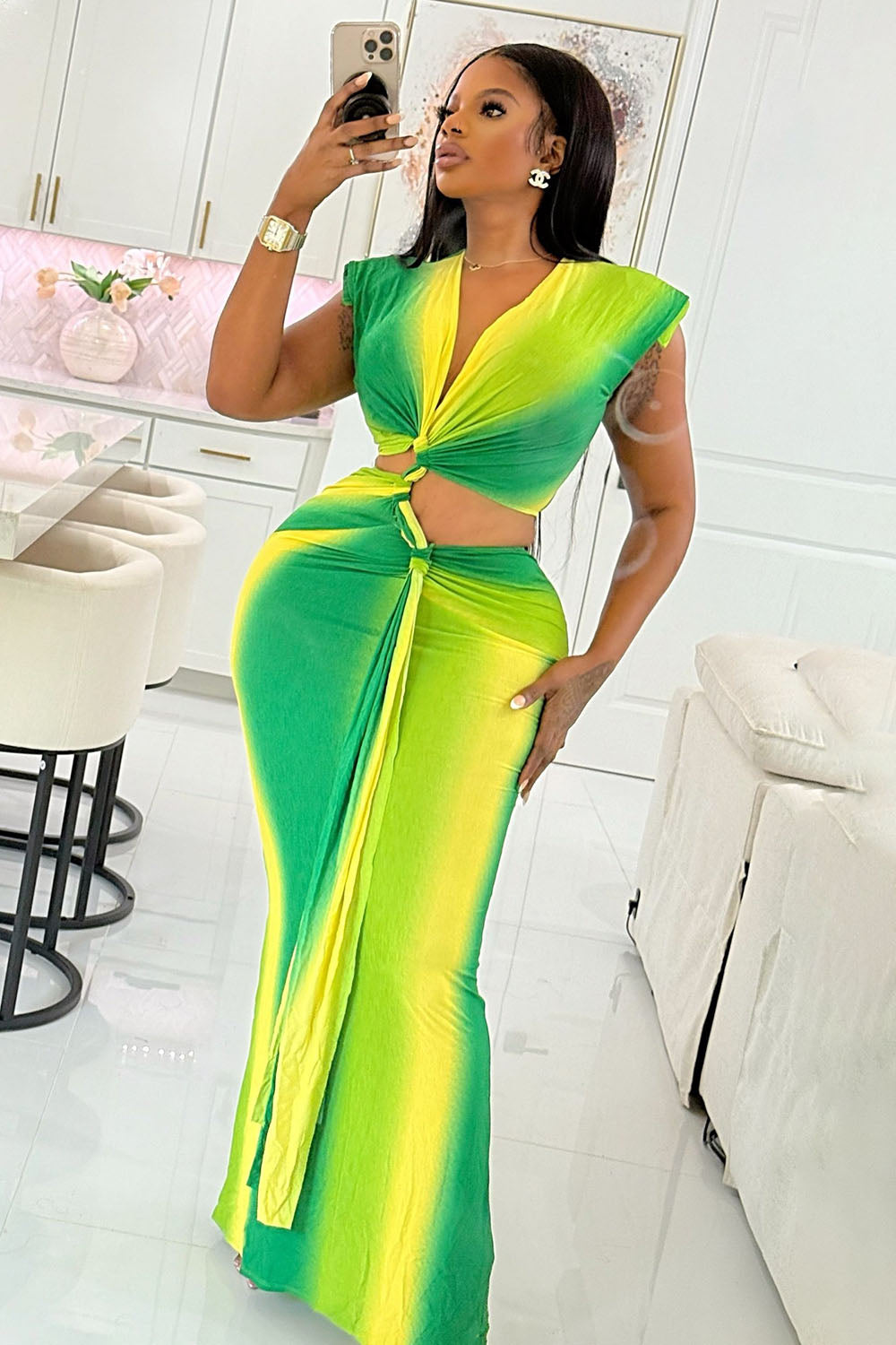 Ombre Print Cap Sleeve V Neck Sash Party Maxi Dresses-Green