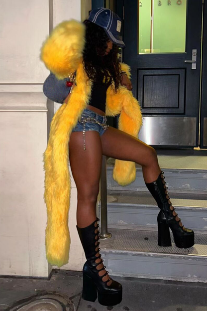 Faux Fur Solid Color Plush Coat-Yellow