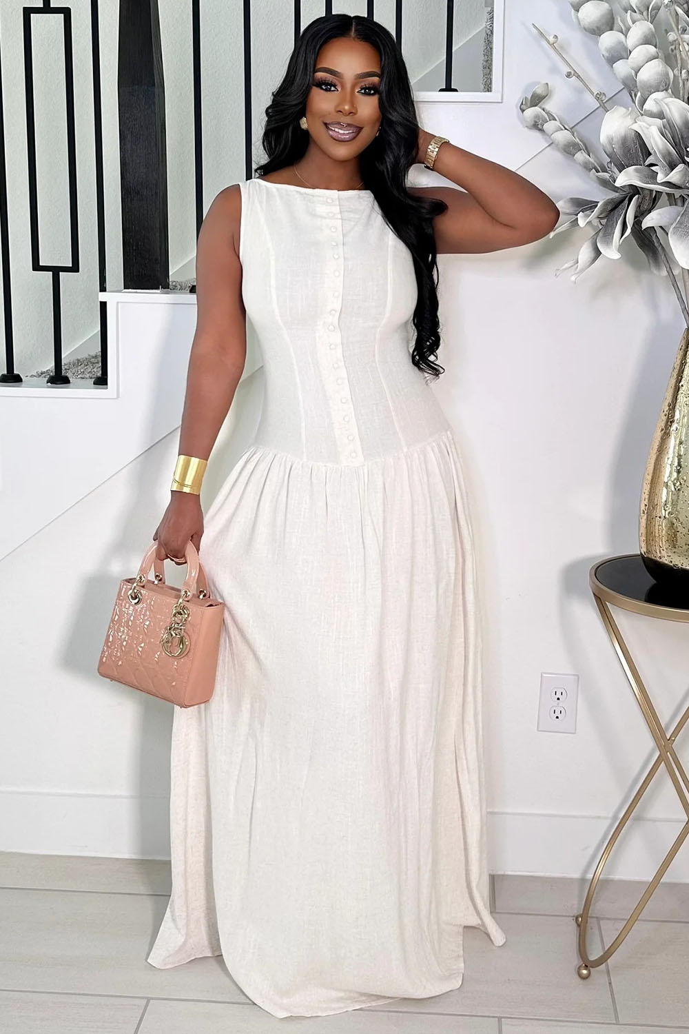 Lace-Up Back Button Up Drop Waist Sleeveless Maxi Dresses-White [Pre Order]