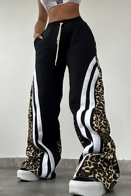 Leopard Print Striped Wide Leg Casual Pants-Beige