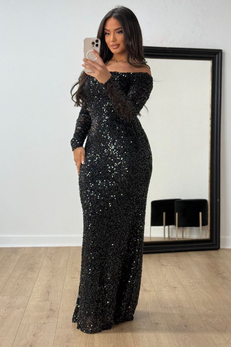 Off Shoulder Long Sleeve Sequin Slim Party Maxi Dresses-Burgundy [Pre Order]