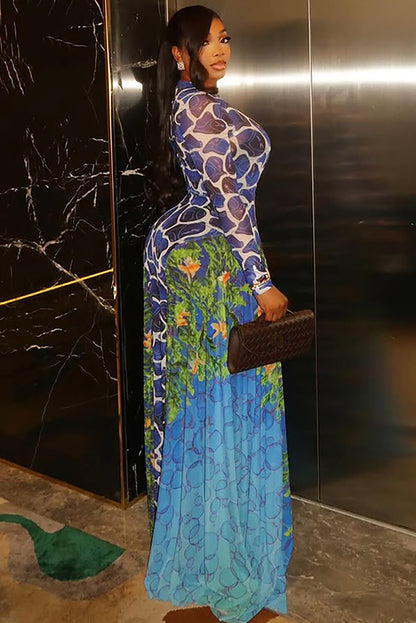 Floral Mixed Print Long Sleeve Colorblock Maxi Dresses-Blue