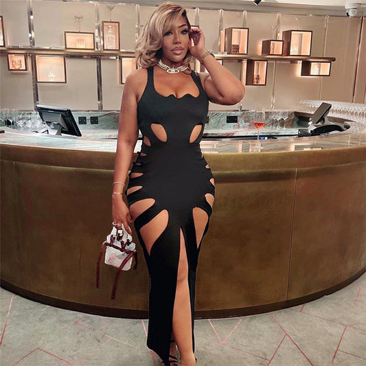 Fashion Hollowed-out Low Collar High Waist Sheath Slit Slim-Fitting Long Maxi Dress