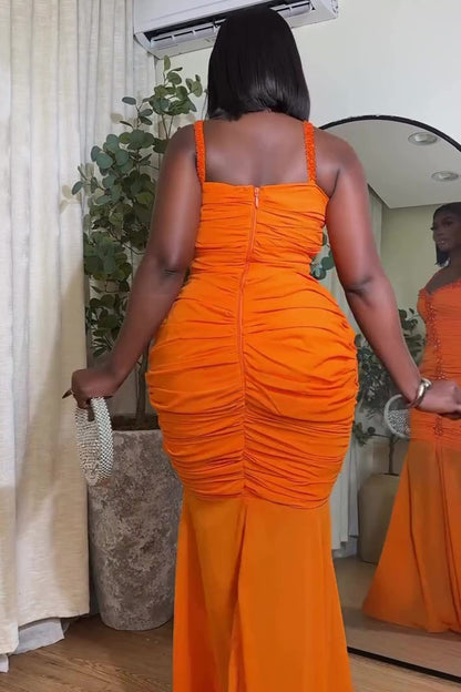 Sequin Decor Ruched Cami Party Maxi Fishtail Dresses-Orange [Pre Order]