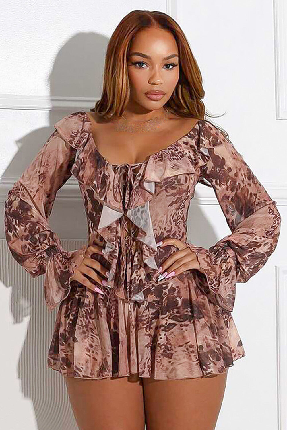 Deep V Neck Long Sleeve Leopard Print Ruffled Mini Dresses-Brown