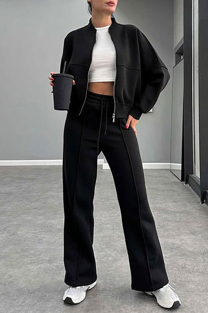 Solid Color Long Sleeve Zipper Track Jacket Casual Pants 2pcs Set-Brown