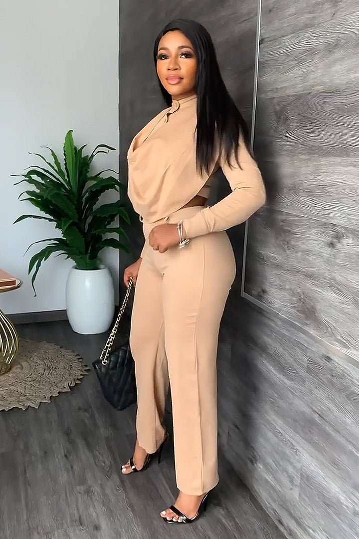 Button Turtleneck Long Sleeve Top Pants Set[Pre Order]