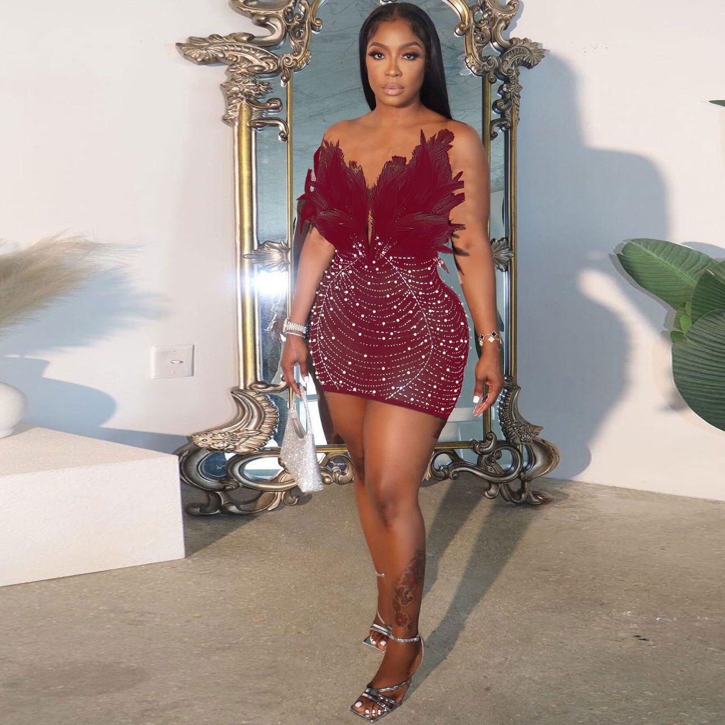 Sexy Feather Rhinestone Pearl Skinny Sheath Dress