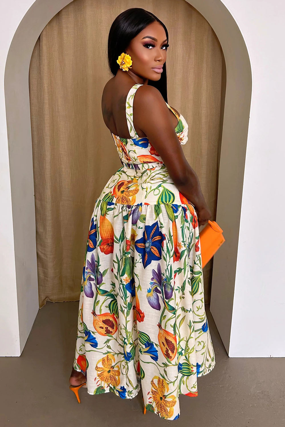Floral Fruit Print Straps Cinched Vacation Maxi Dresses-Beige [Pre Order]