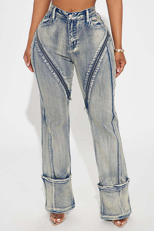 Denim High Waist Zippers Patchwork Straight Leg Casual Jeans-Blue